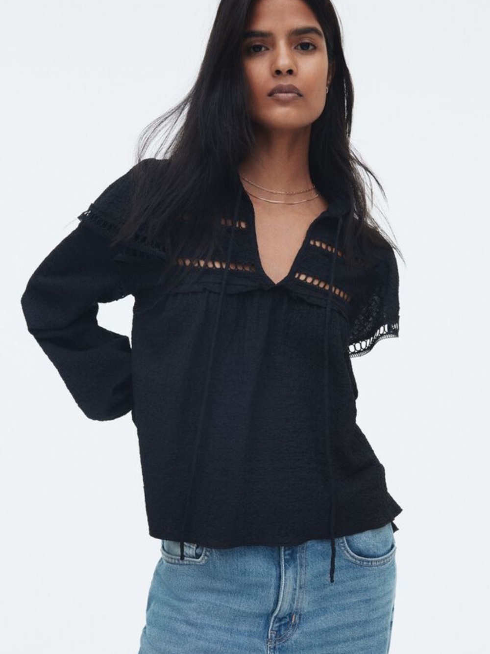H&M Textured Jersey Blouse Black Long Sleeve Ruffle Top